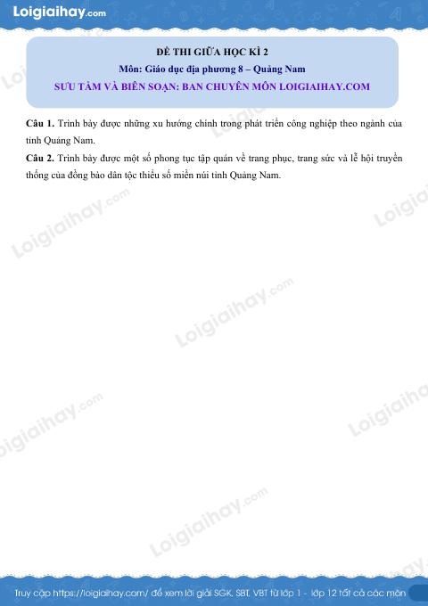 Đề thi giữa kì 2 GDĐP 8 Quảng Nam - loigiaihay.com